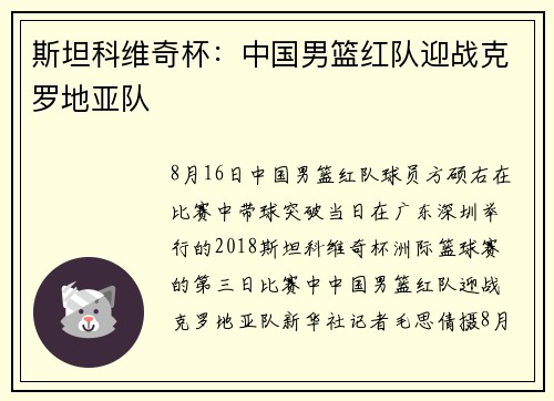 斯坦科维奇杯：中国男篮红队迎战克罗地亚队